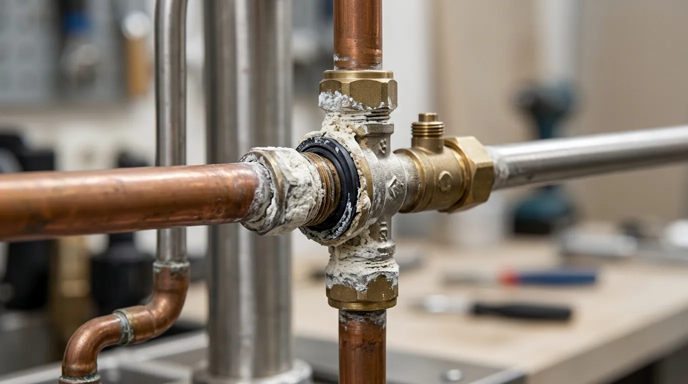 Detalle de válvulas y juntas de un sistema de agua con depósitos de cal en los componentes de cierre