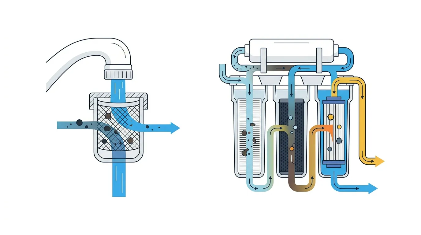Diagrama comparativo técnico de filtración de agua.