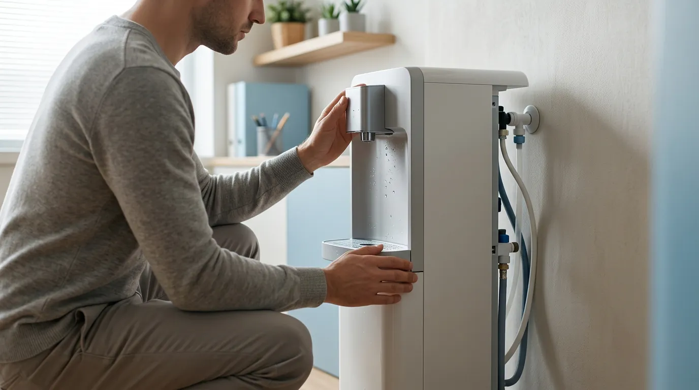 Persona revisando visualmente un dispensador de agua para localizar el origen de un goteo
