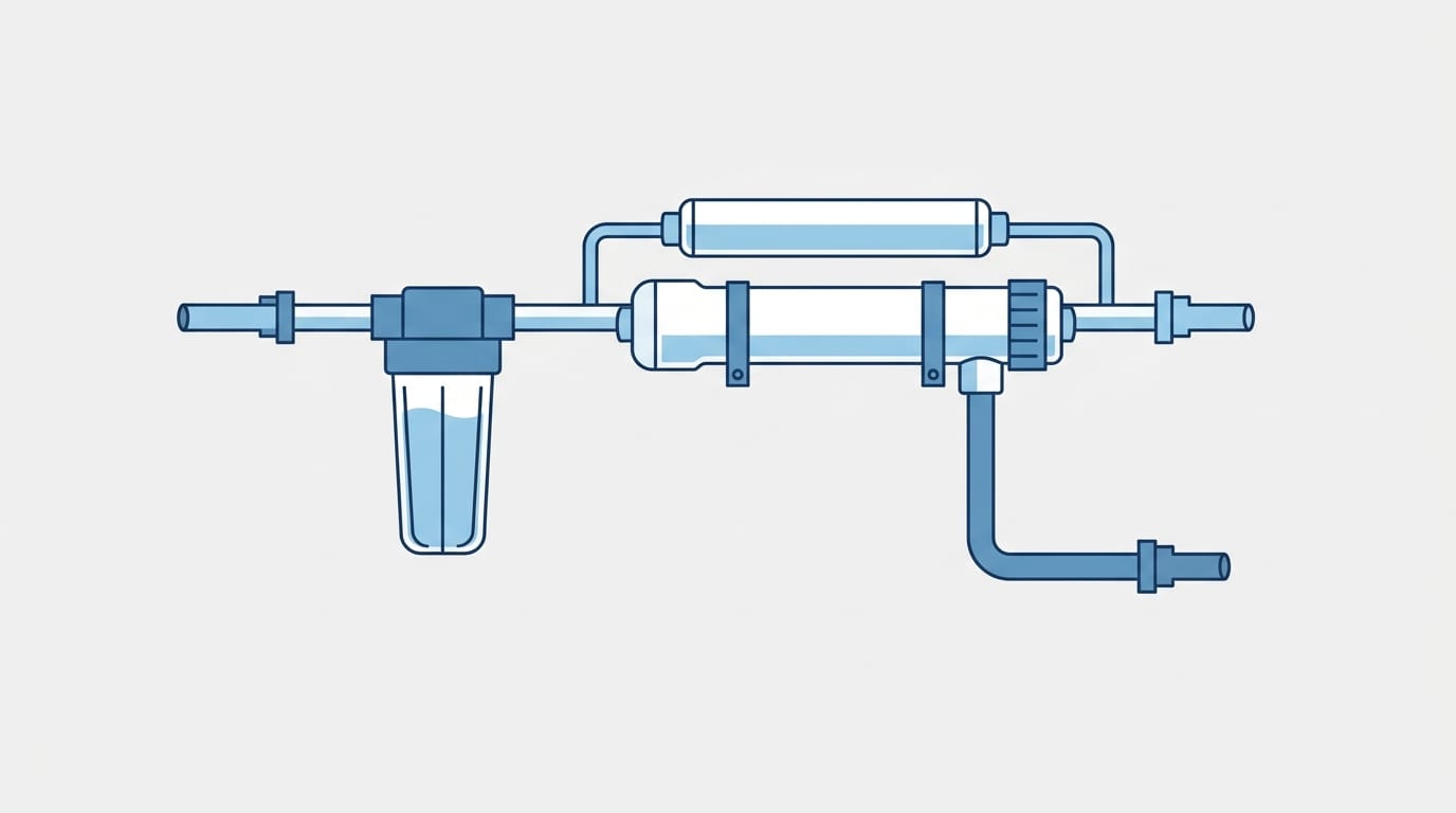 Diagrama conceptual de un sistema de ósmosis inversa para purificación de agua doméstico y corporativo